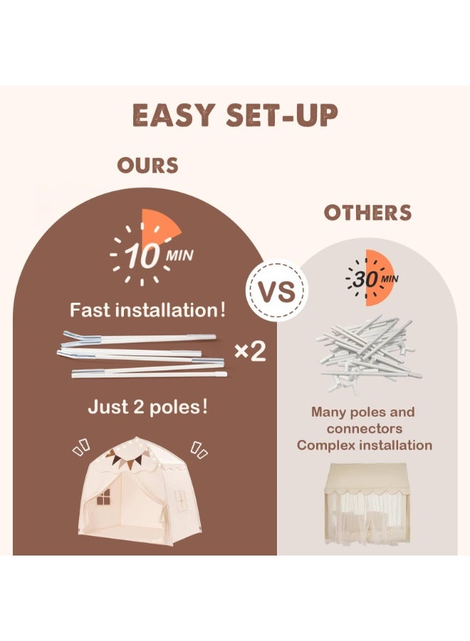 Extra Large Kids Play Tent with Flags & Star Lights - Portable Foldable Teepee Playhouse for Boys Girls Indoor Outdoor 150×100×150cm（Cream） - Image 5